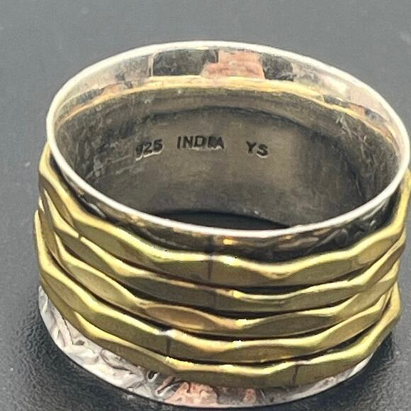 YS India Vintage Sterling Silver Hammered And Brass Spinner Two Tone Ring 9.5 - Picture 5 of 12
